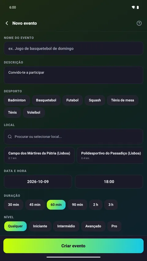 Um novo evento em um minuto